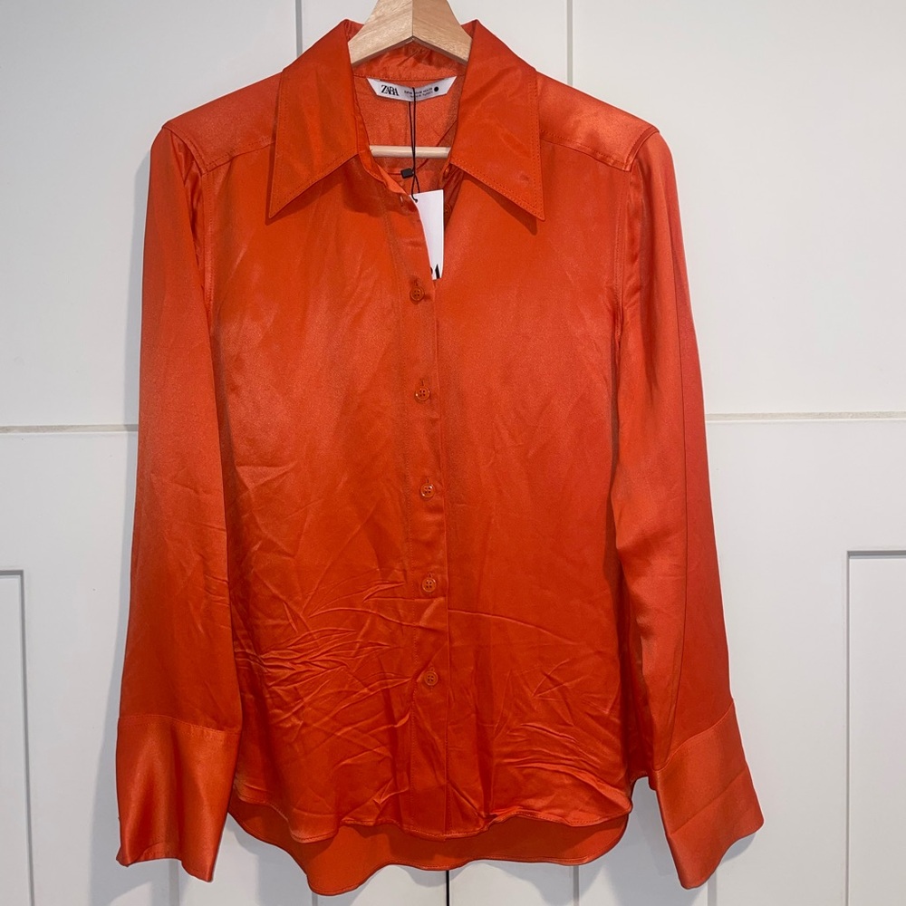 Zara Orange Viscose Satin Effect Blouse Medium NWT